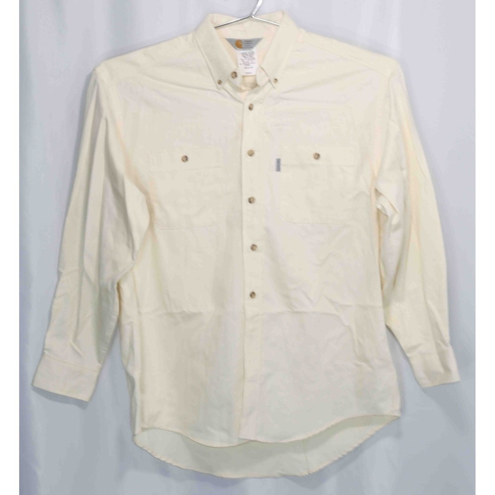 VTG Carhartt USA Rugged Outdoor Wear Yellow Beige L/S Button Up Shirt Mens Sz Lg